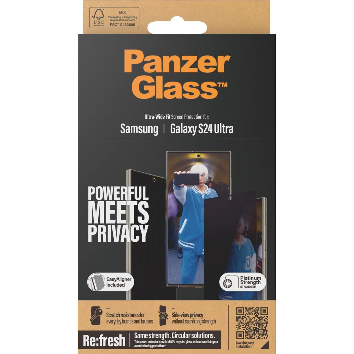 Szkło hartowane na cały ekran PanzerGlass Ultra-Wide Fit Privacy + EasyAligner do Galaxy S24 Ultra, przyciemniane z czarną ramką, szkło z filtrem prywatyzującym, szybka